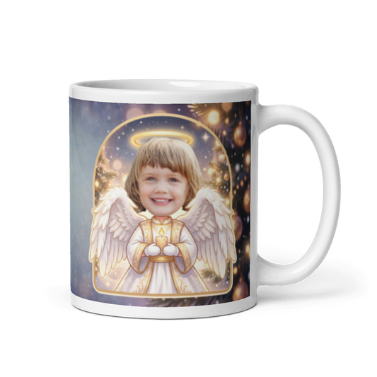 Angel photo mug with the handle on the right, face printed on the front