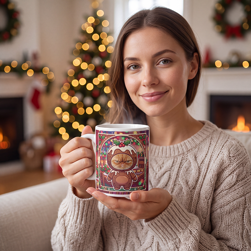 Cat Christmas pudding photo mug held in both hands to show the size