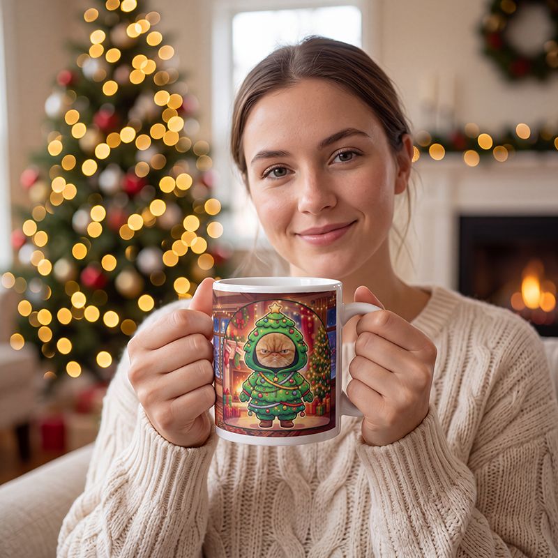 Cat Christmas tree photo mug held in both hands to show the size