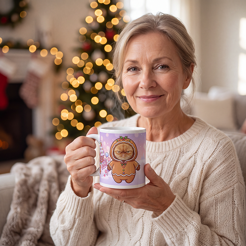 Cat gingerbread photo mug held in hand to show the size