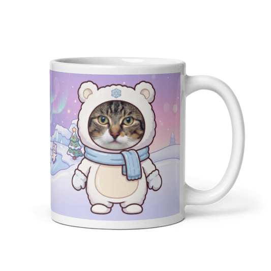 Cat polar bear photo mug with the handle on the right, the cat's face printed on the front