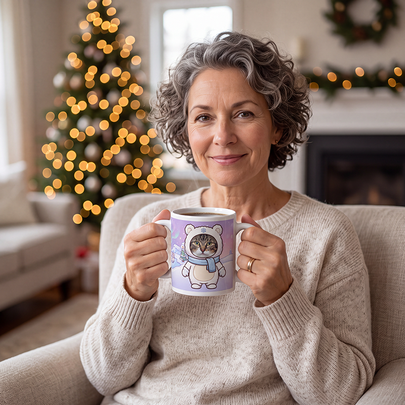 Cat polar bear photo mug held in both hands to show the size