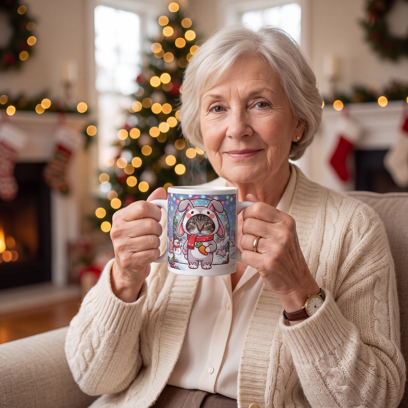 Cat rabbit photo mug held in both hands to show the size