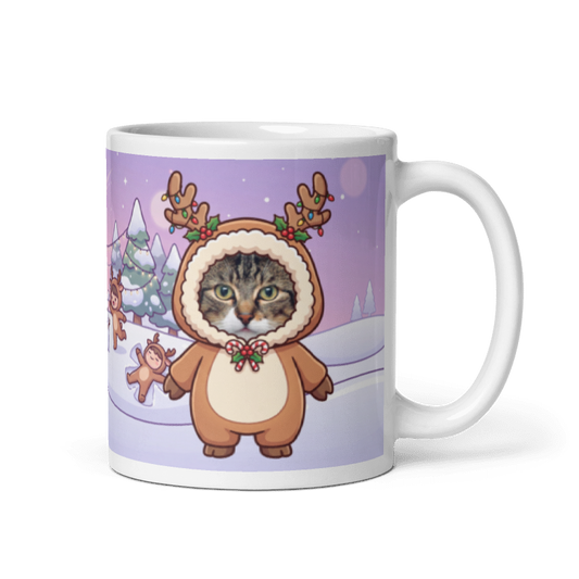 Cat reindeer photo mug with the handle on the right, the cat's face printed on the front