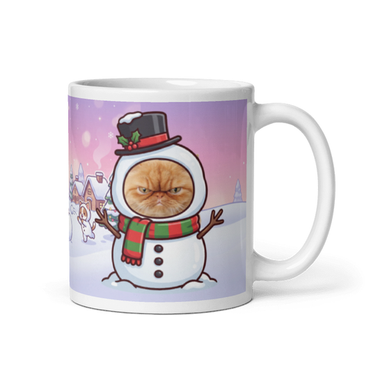 Cat snowman photo mug with the handle on the right, the cat's face printed on the front