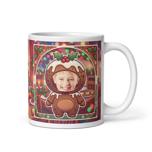 Christmas pudding photo mug with the handle on the right, face printed on the front