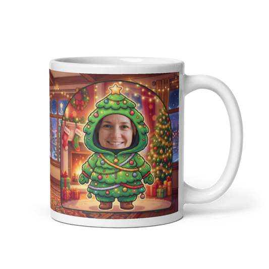 Christmas tree photo mug with the handle on the right, face printed on the front