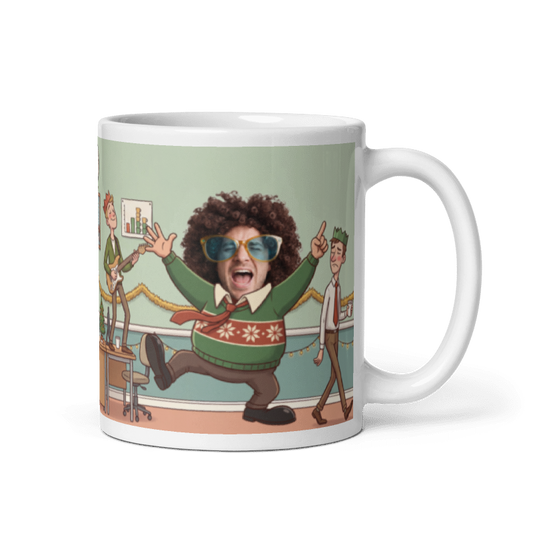 Christmas party photo mug for him with the handle on the right, a real face on the coworker owning the dancefloor