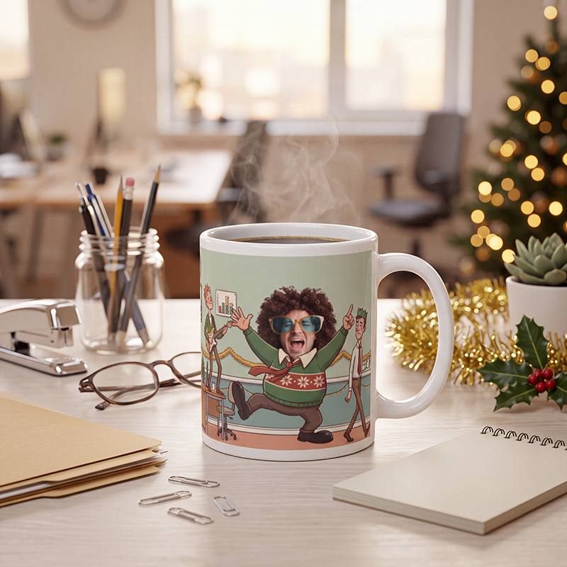 Personalized Christmas party gift for him steaming on an office desk with glasses, a notepad and a lit tree behind