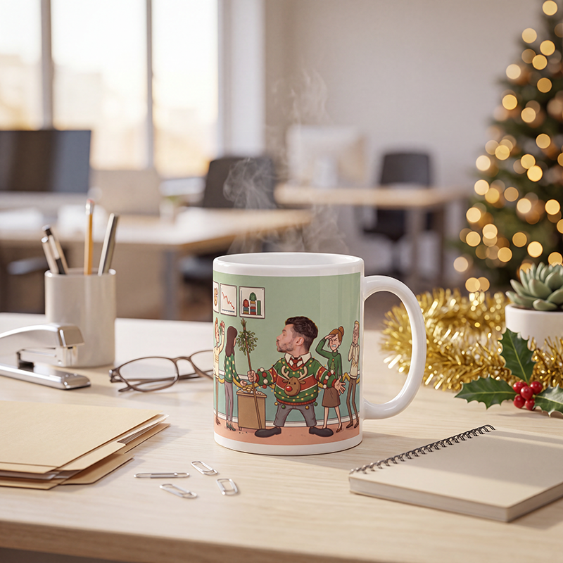 Personalized Christmas gift for male coworkers steaming on an office desk with tinsel, holly and a notepad