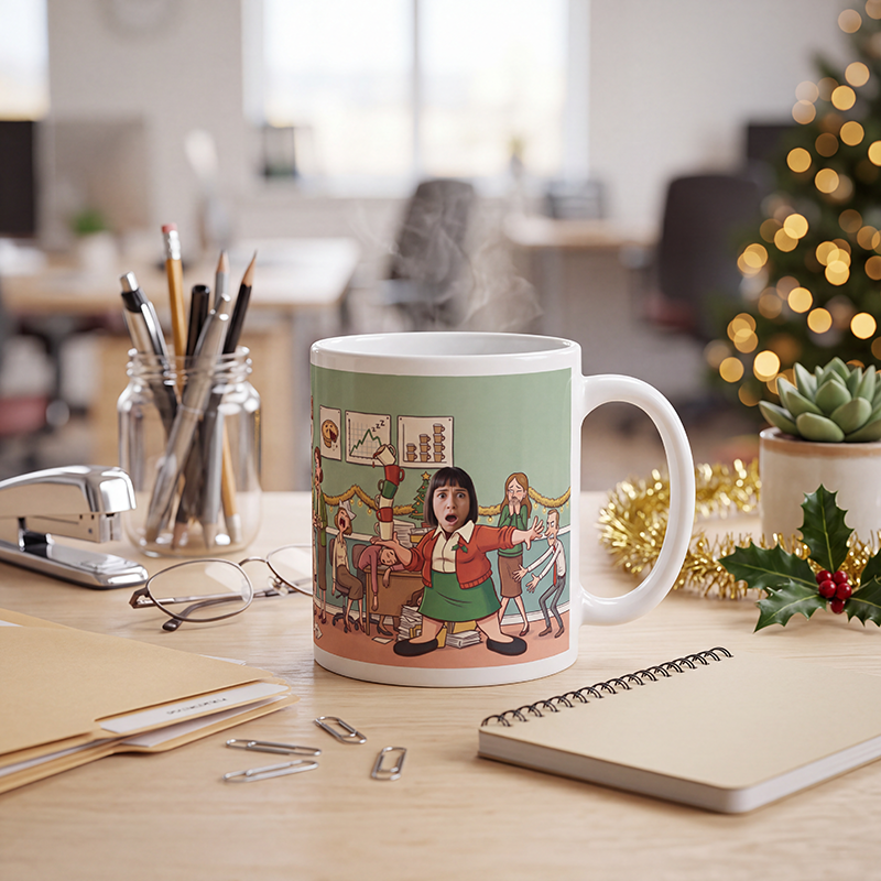 Personalized Secret Santa gift for coworkers steaming on an office desk with holly, a pen jar and a notepad