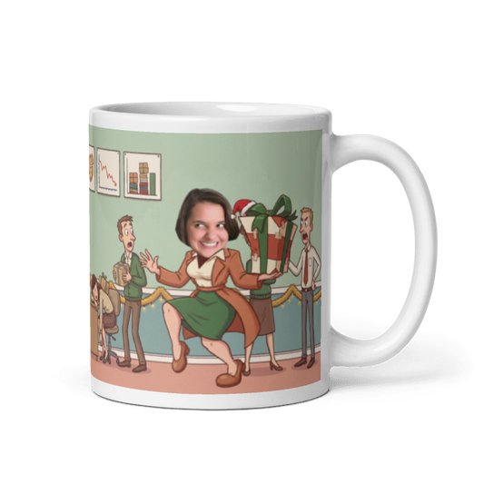Secret Santa gifts photo mug with the handle on the right, a real face on the coworker sneaking off with the presents