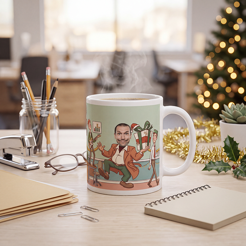 Personalized Secret Santa gift for him steaming on an office desk with tinsel, holly and a notepad