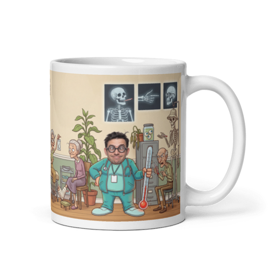 Doctor photo mug with the handle on the right, a real face printed on the cartoon doctor holding a giant thermometer