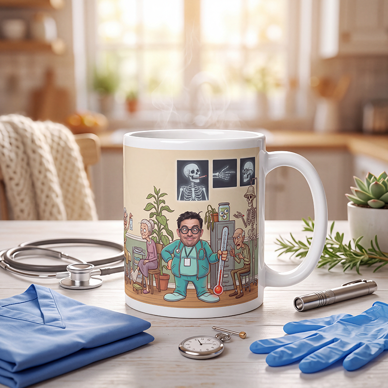 Personalized doctor mug steaming on a kitchen counter beside a folded blanket and a plant