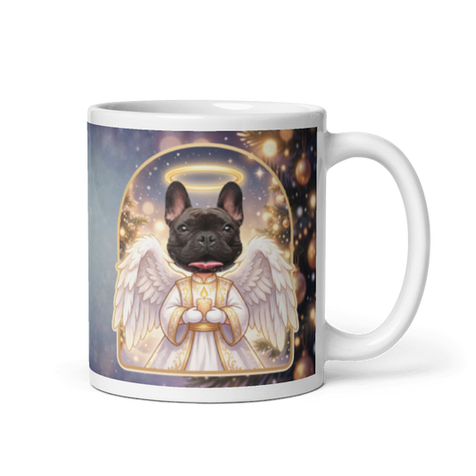 Dog angel photo mug with the handle on the right, the dog's face printed on the front