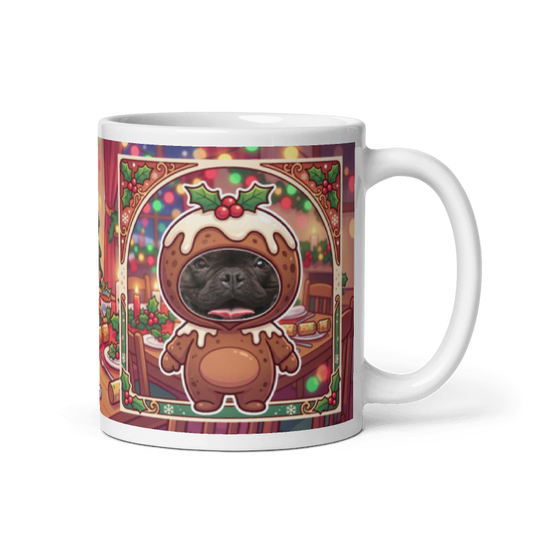 Dog Christmas pudding photo mug with the handle on the right, the dog's face printed on the front