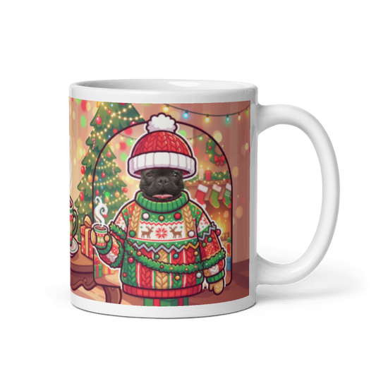 Dog Christmas sweater photo mug with the handle on the right, the dog's face printed on the front