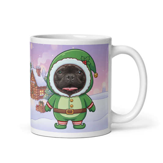 Dog elf photo mug with the handle on the right, the dog's face printed on the front