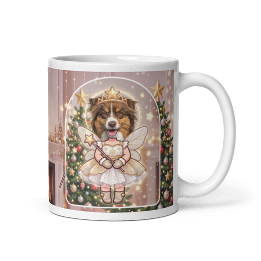 Dog fairy photo mug with the handle on the right, the dog's face printed on the front