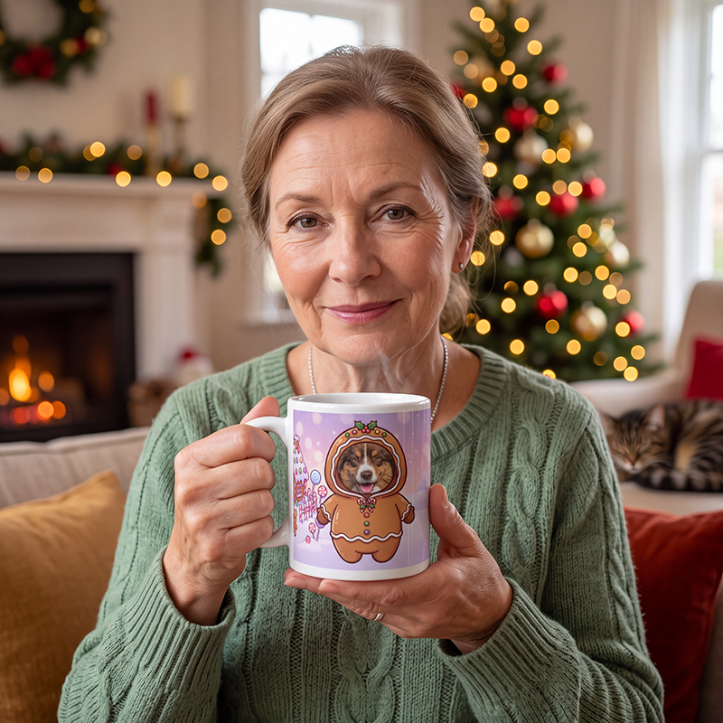 Dog gingerbread photo mug held in hand to show the size
