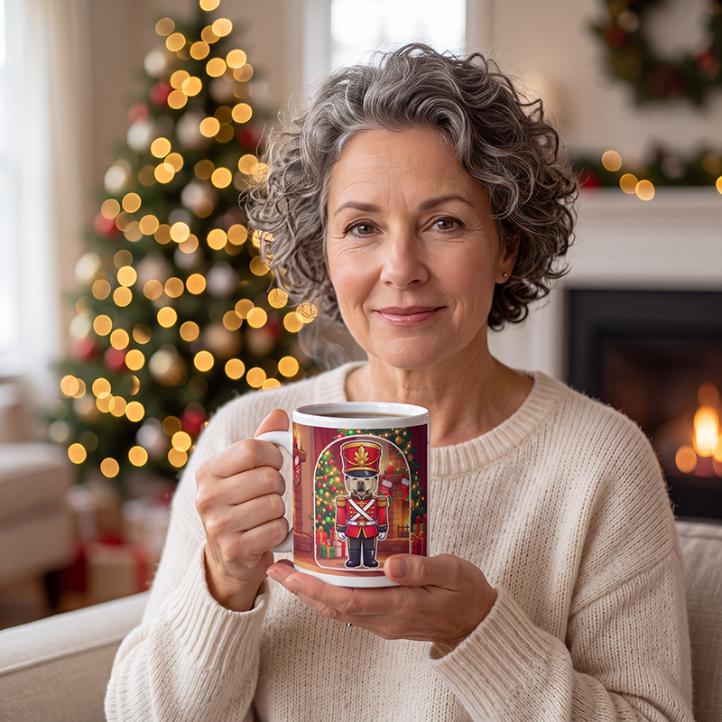 Dog nutcracker photo mug held in both hands to show the size