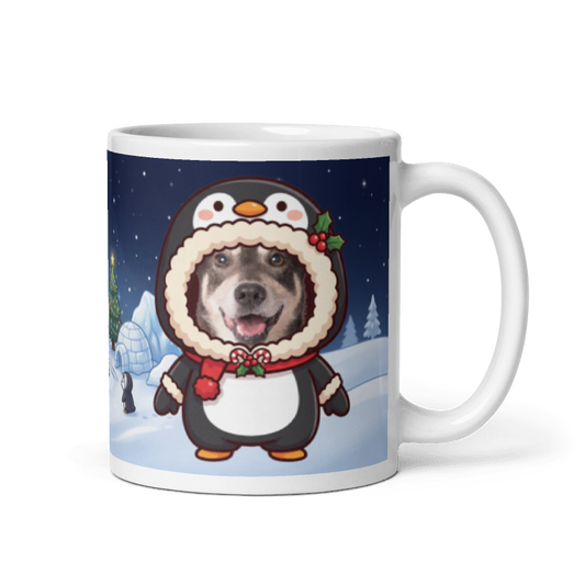 Dog penguin photo mug with the handle on the right, the dog's face printed on the front