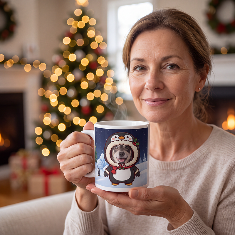 Dog penguin photo mug held in both hands to show the size