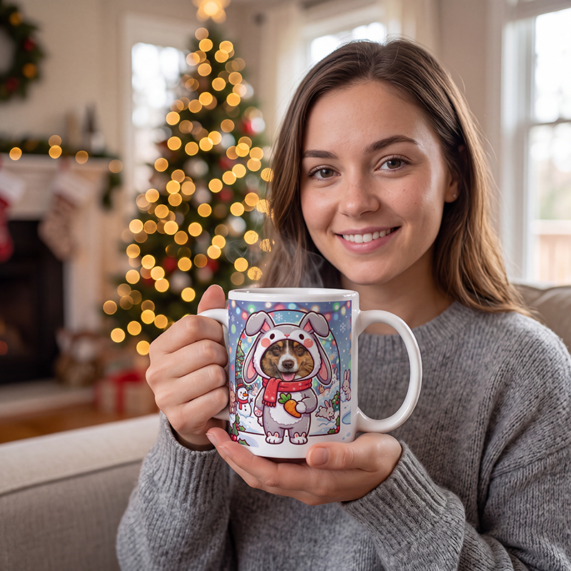 Dog rabbit photo mug held in both hands to show the size