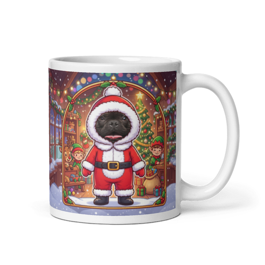 Dog Santa photo mug with the handle on the right, the dog's face printed on the front
