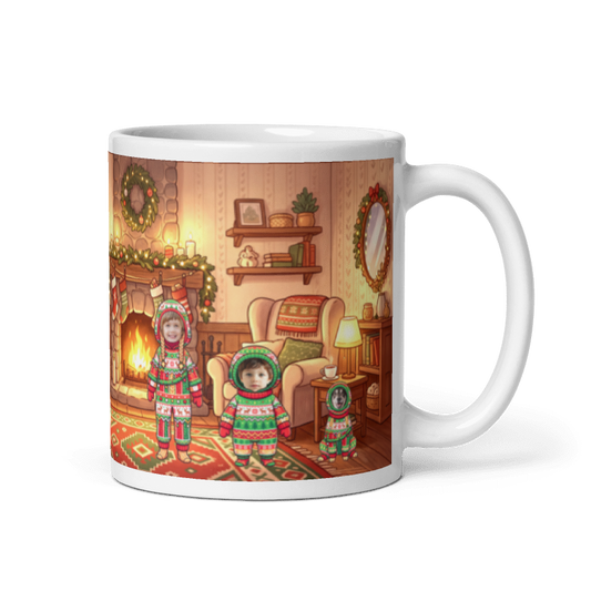 Family photo mug with the handle on the right, the family in matching pyjamas by the fire