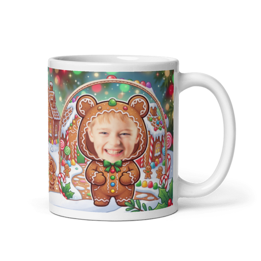 Gingerbread man photo mug with the handle on the right, face printed on the front