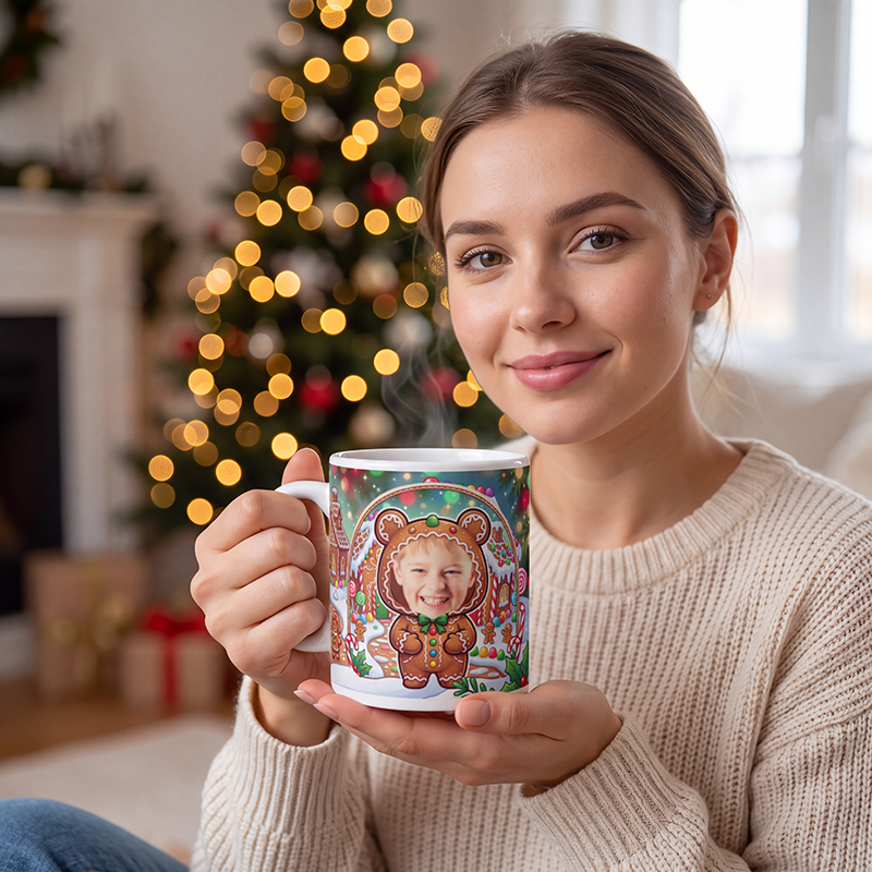 Gingerbread man photo mug held in both hands to show the size