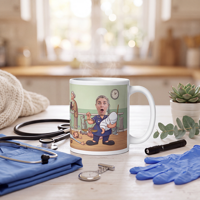 Personalized midwife mug with a real face on the cartoon midwife, on a table with a stethoscope, folded navy scrubs and gloves