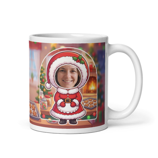 Mrs Claus photo mug with the handle on the right, face printed on the front