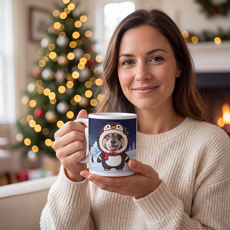 Penguin photo mug held in both hands to show the size