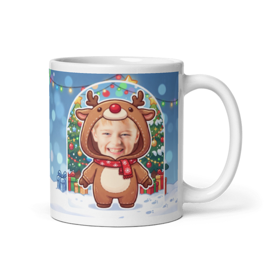 Reindeer photo mug with the handle on the right, face printed on the front