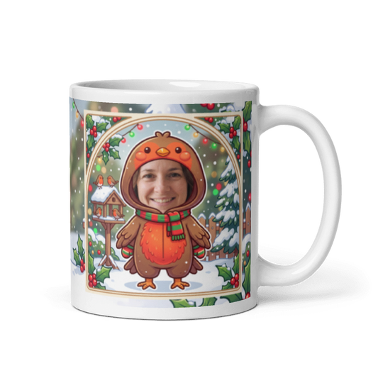 Robin photo mug with the handle on the right, face printed on the front