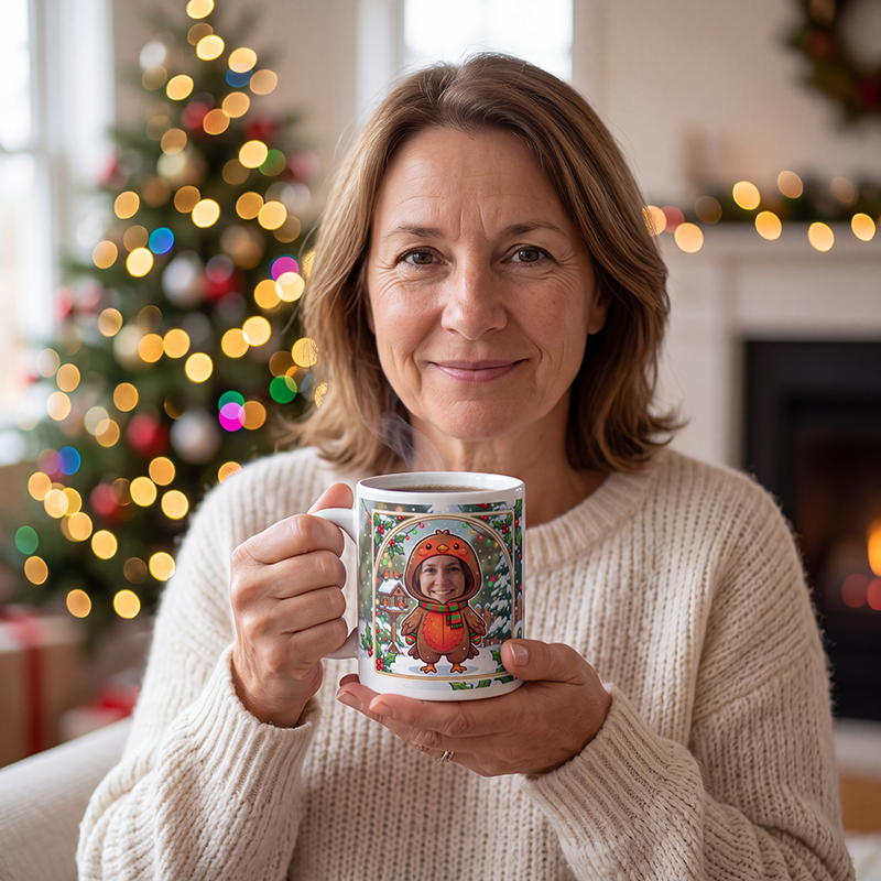 Robin photo mug held in both hands to show the size