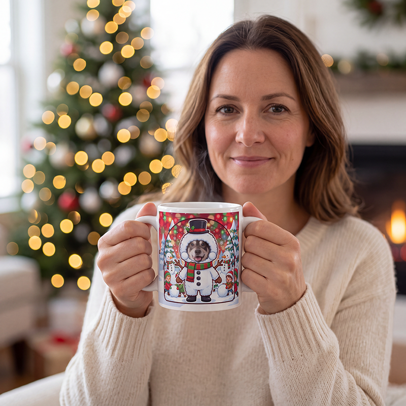 Snowman photo mug held in both hands to show the size