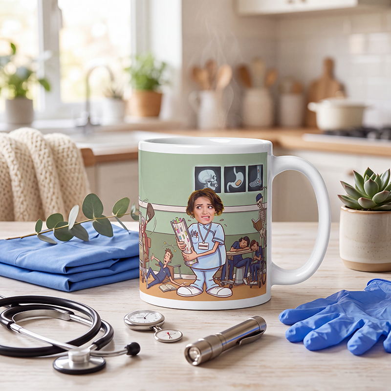 Personalized student nurse mug steaming on a kitchen counter beside a folded blanket and a plant