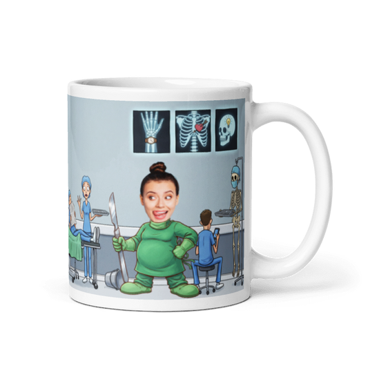 Surgeon photo mug with the handle on the right, a real face printed on the cartoon surgeon holding a giant scalpel