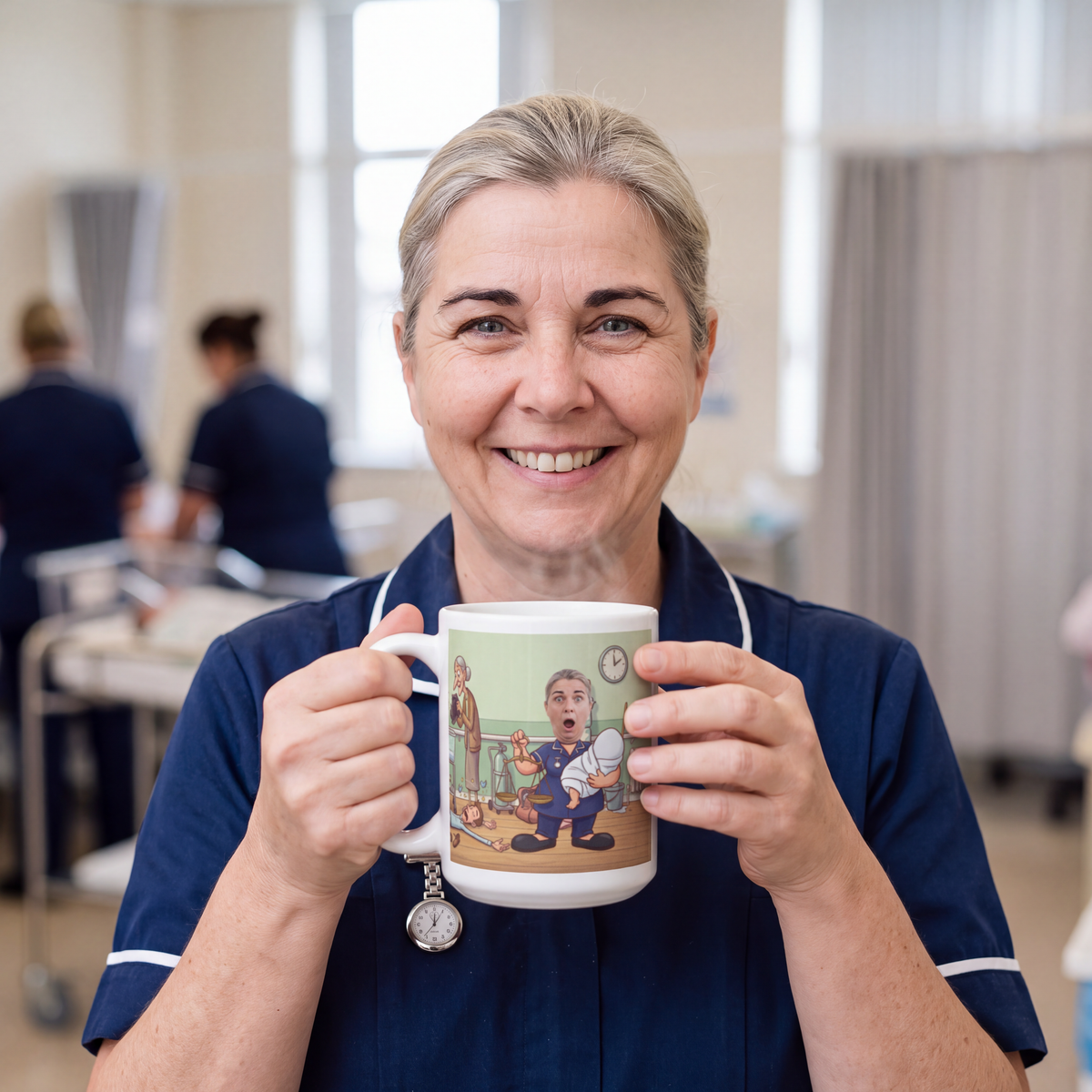 Midwife in a navy tunic holding the personalized midwife photo mug on a maternity ward
