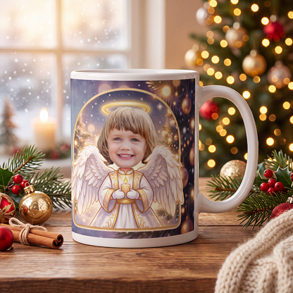 Personalized angel mug on a wooden table with a lit Christmas tree and a frosted window behind
