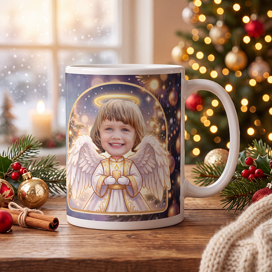 Personalized angel mug on a wooden table with a lit Christmas tree and a frosted window behind