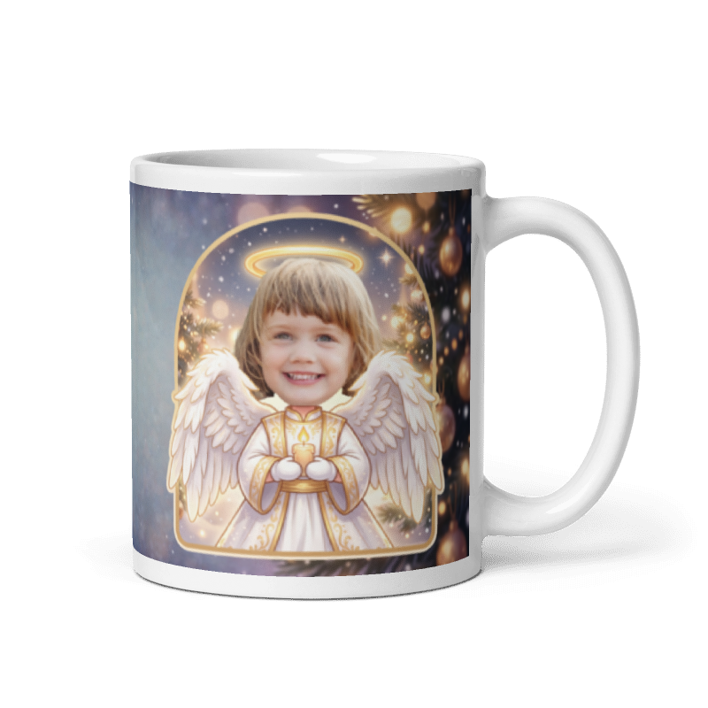 Angel photo mug with the handle on the right, face printed on the front