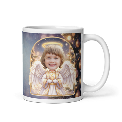 Angel photo mug with the handle on the right, face printed on the front