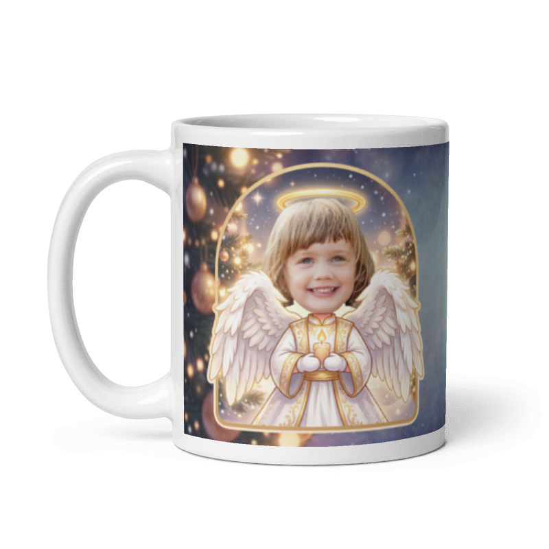 The same angel mug with the handle on the left, face still showing