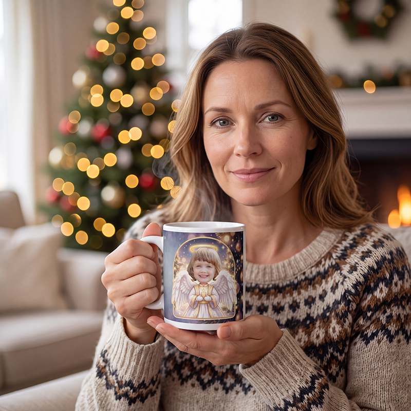 Angel photo mug held in both hands to show the size