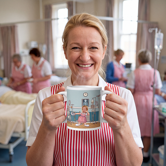 Hospital volunteer in a red and white striped pinafore holding the personalized candy striper photo mug on a busy ward